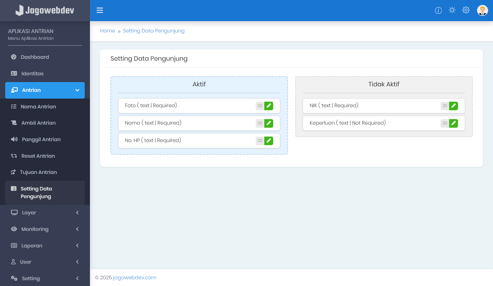 Menu Setting Data Pengunjung